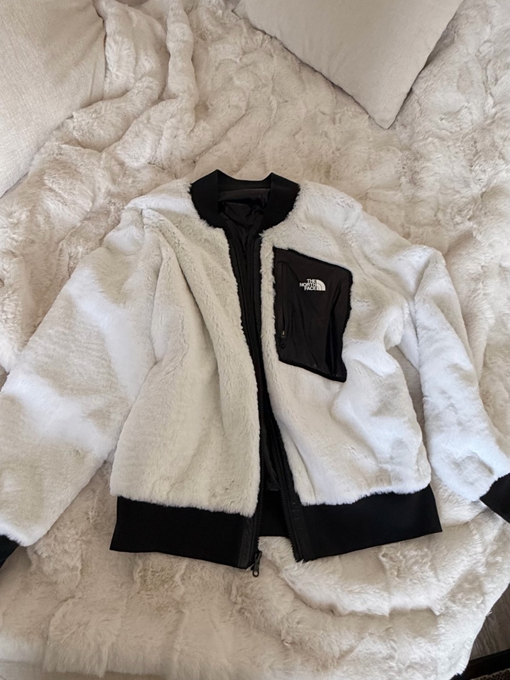 The North Face White and Black Sherpa Fleece Bomber Jacket